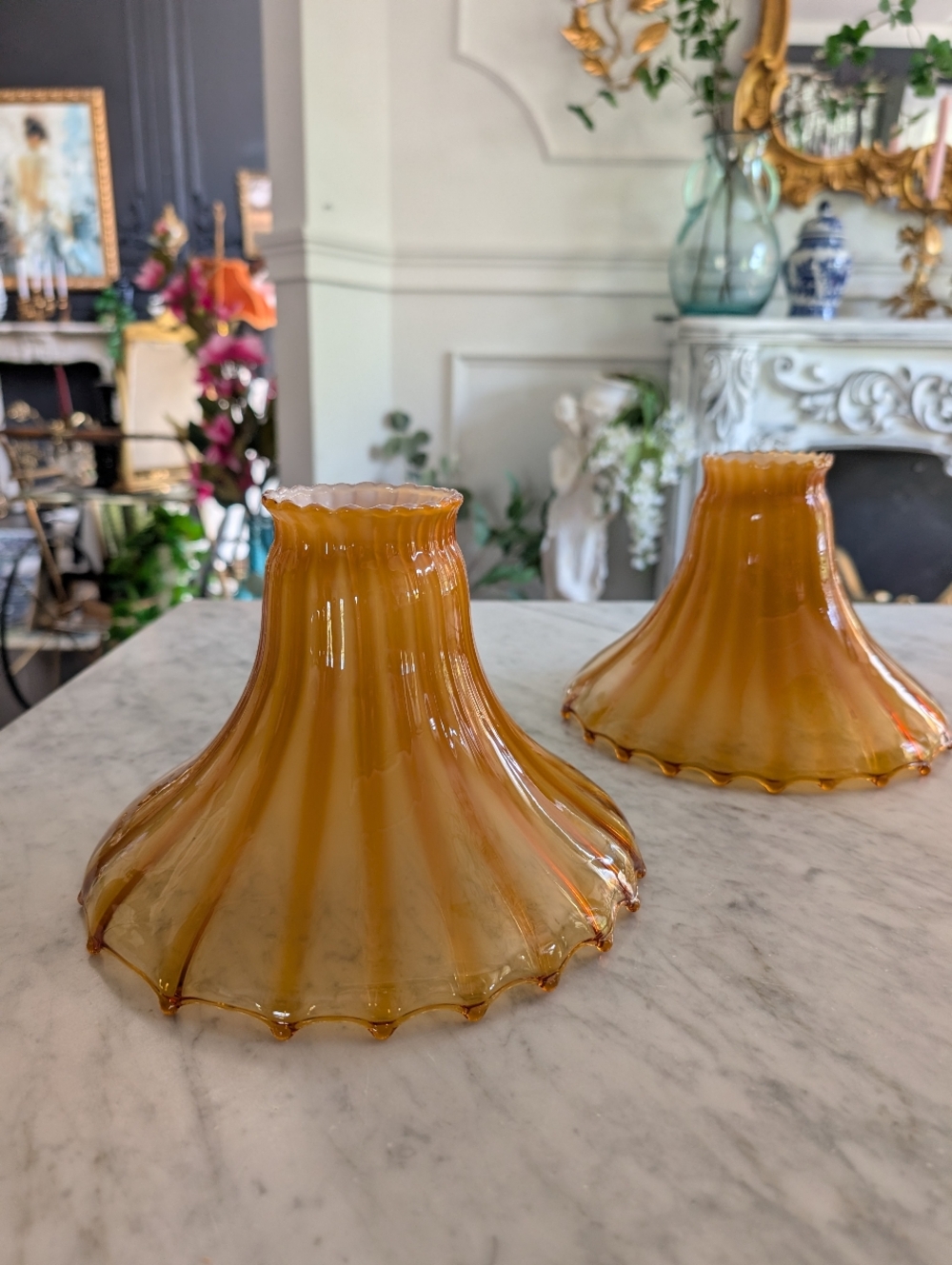 Vintage, Set of 2,  Amber Murano Feather Weight Glass Pendant Lamp Shades 8.25"